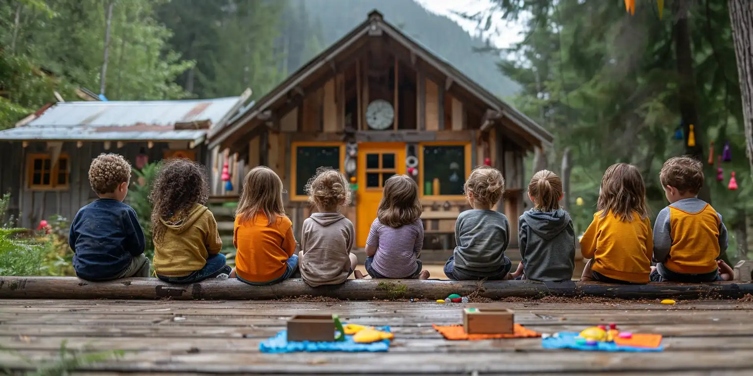 many children sitting on a log looking at a house, kids back is towards the camera