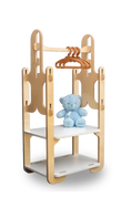 Load image into Gallery viewer, Custom-designed, space-saving wooden toddler clothing rack with hangers and a plush blue teddy bear, crafted by Dannico Woodworks, ideal for stylish nursery organization.