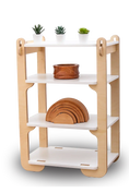 Load image into Gallery viewer, A modern four-tier wooden shelf isolated on a black background, featuring clean lines and a simple, child-friendly design. The top three shelves are adorned with a trio of small, potted succulents, adding a touch of greenery. The middle shelf holds a rustic clay pot, and the lower shelf displays a wooden rainbow toy, with its arches neatly nested together, combining functional storage with playful decoration.