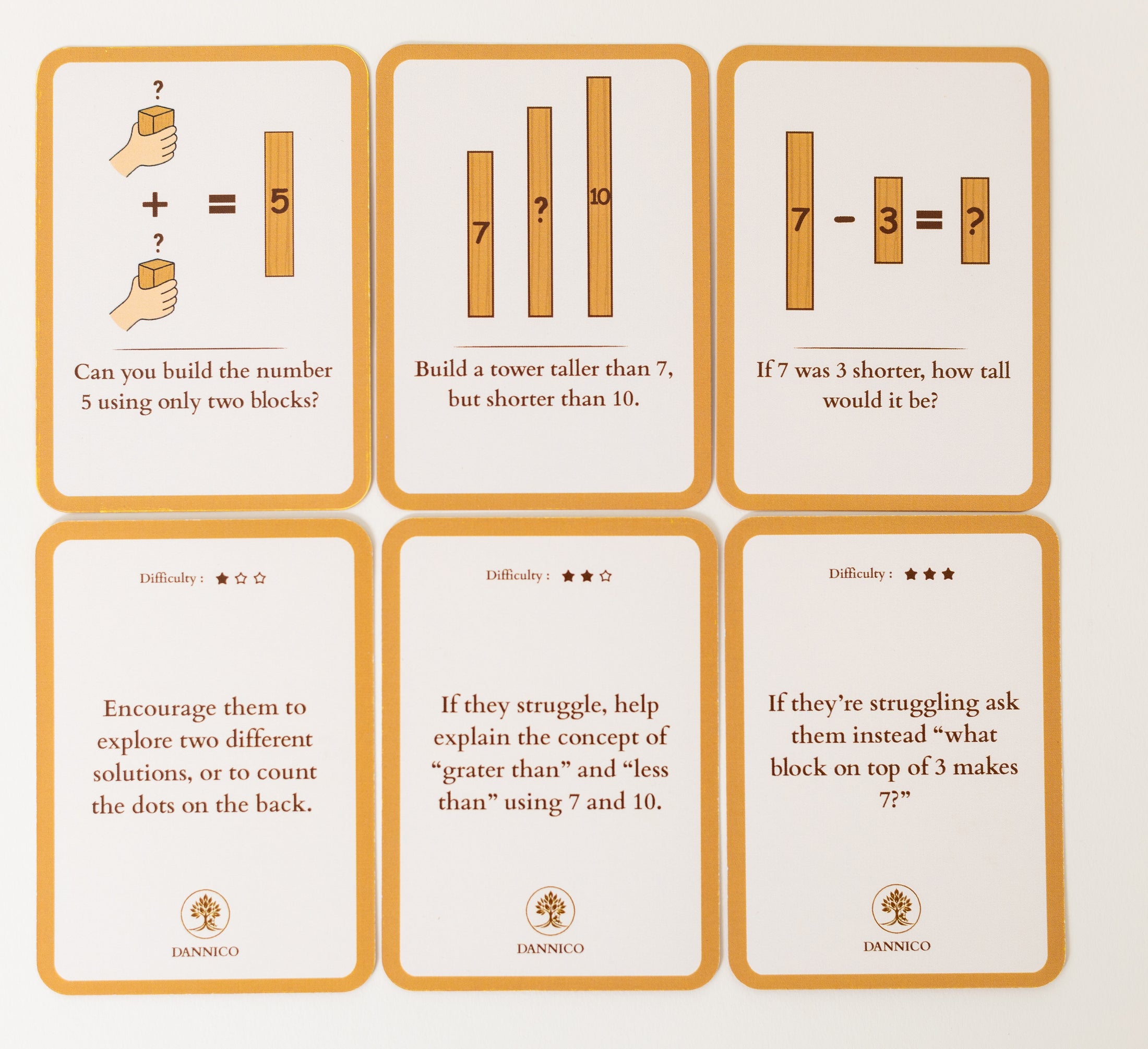 Three flashcards from difficulty levels showing front and back