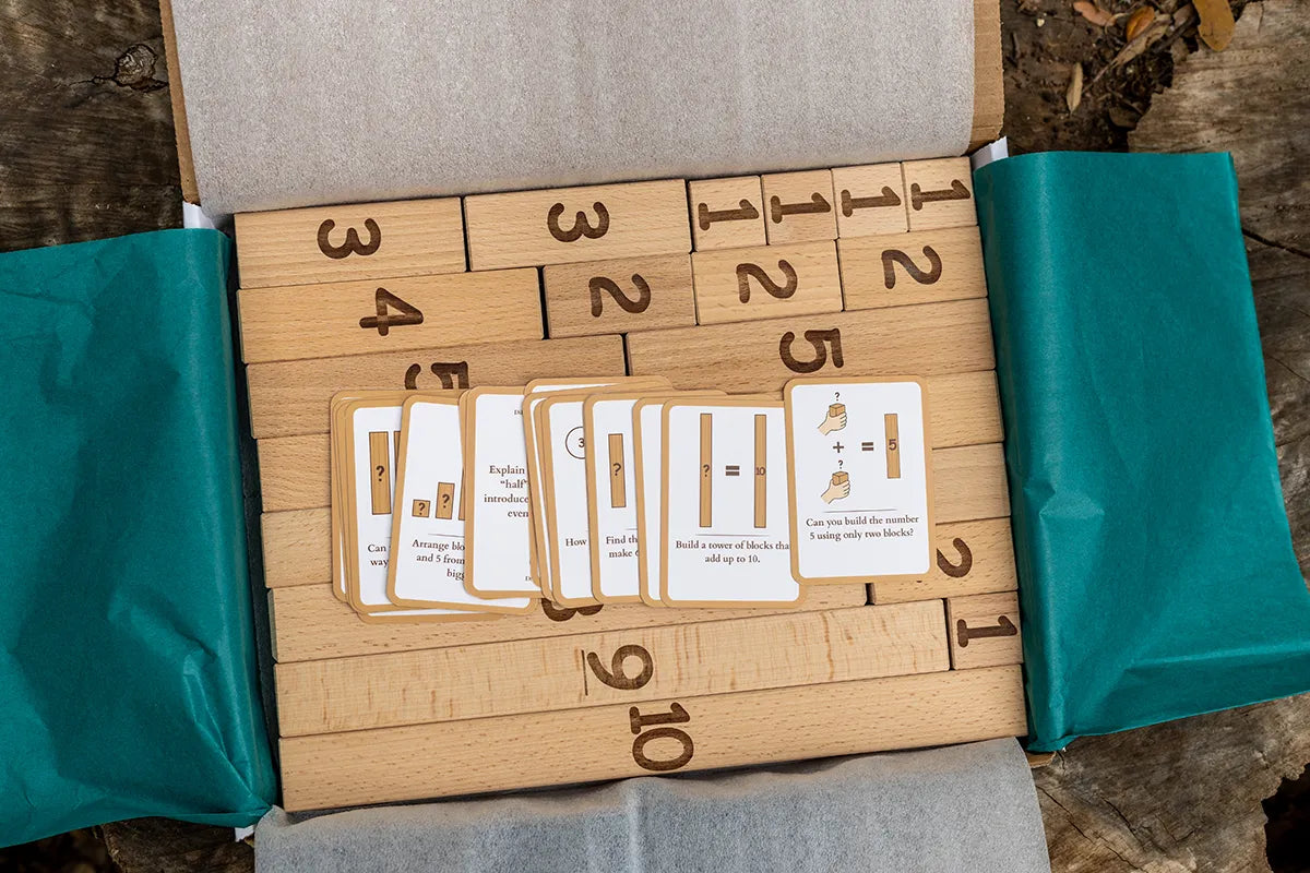 Montessori wooden number blocks with flashcards in packaging