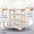 Load image into Gallery viewer, Alt text: "An advertisement image highlighting the features of a stylish wooden children's shelf with white accents. The image showcases close-ups of the shelf's attributes: 'Easy to assemble' points to the simple joint structure, 'Round corner' highlights the child-safe design, 'Smooth edges' emphasizes the sleek finish, and 'Easy to wipe' indicates the shelf's low-maintenance surface. The overall design focuses on functionality, safety, and cleanliness, ideal for a child-friendly environment.