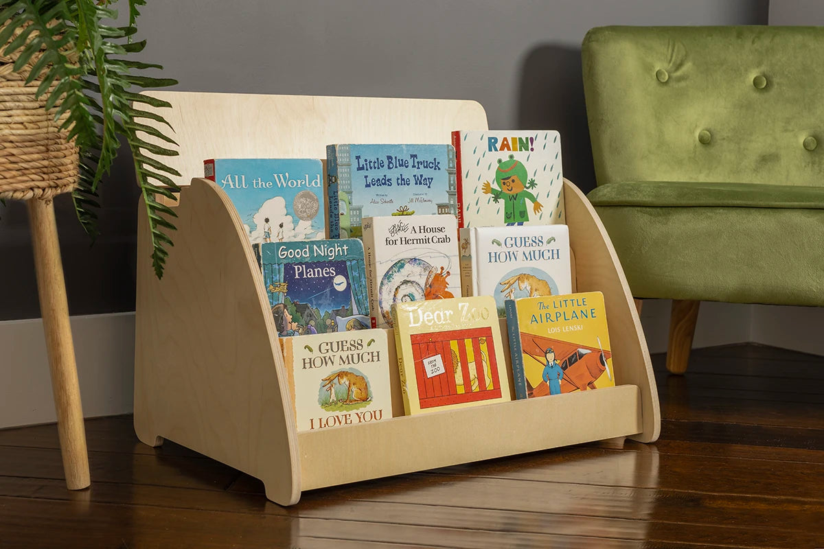 small montessori bookshelf with extra storage