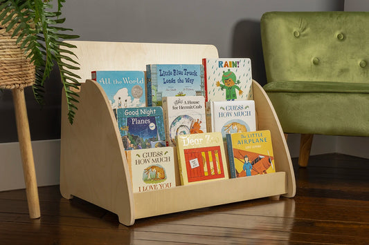 small montessori bookshelf with extra storage