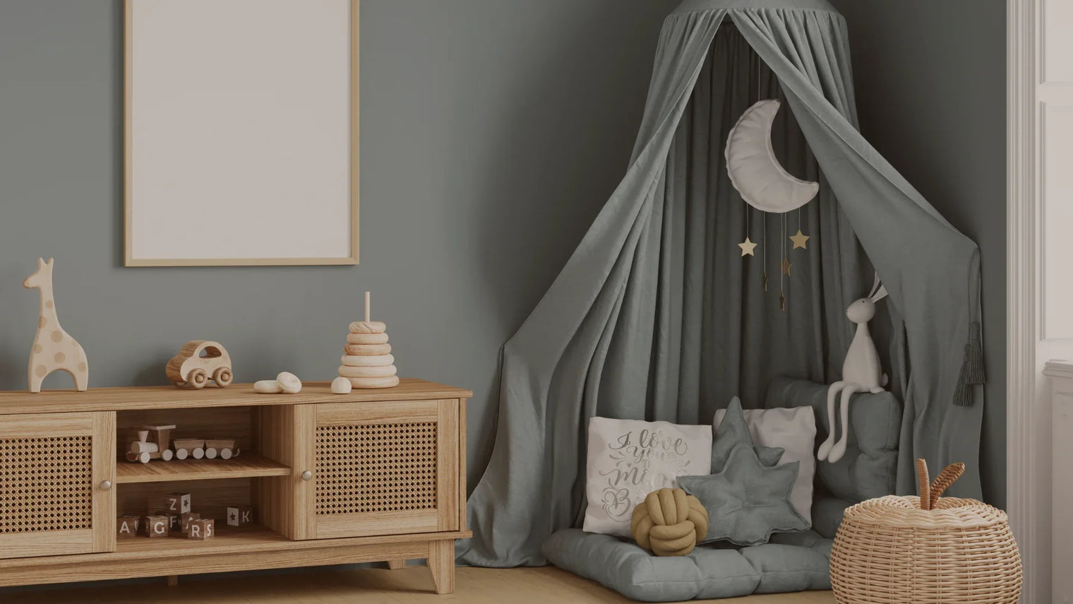 Kid's room with a blue and beige color palette and Montessori toys