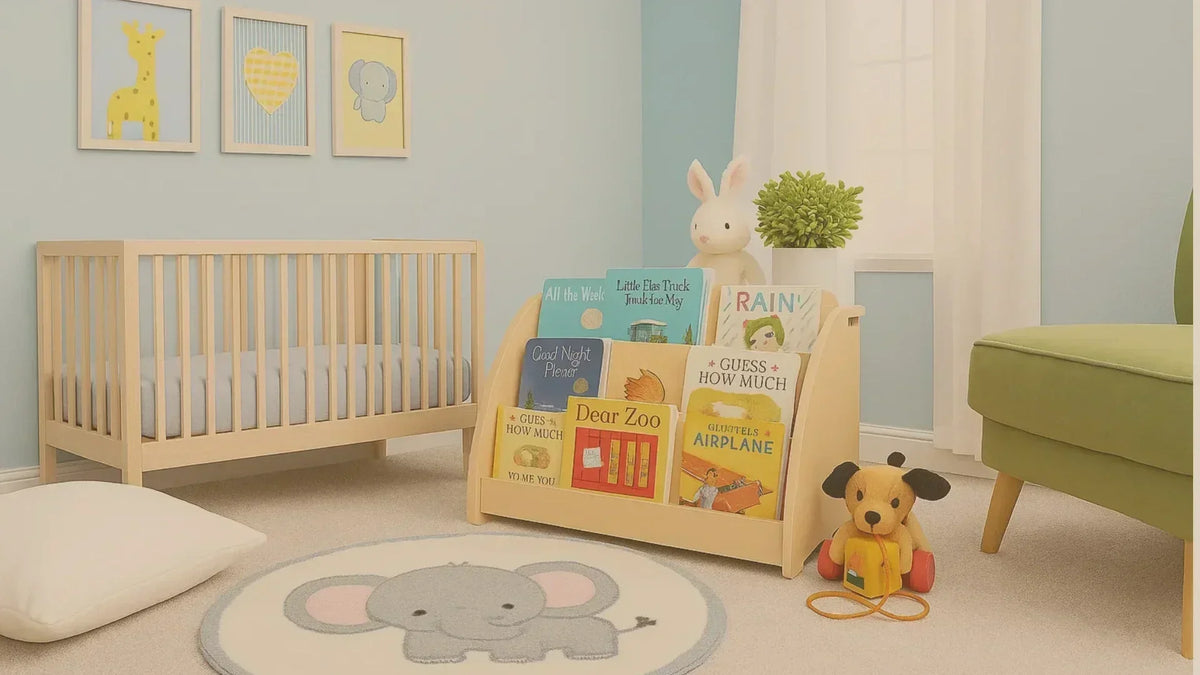 Dannico Small Montessori Bookshelf in a nursery with board books facing out