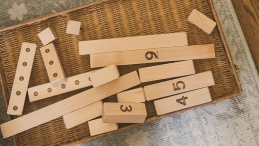 Wooden Number Blocks in a weave basket