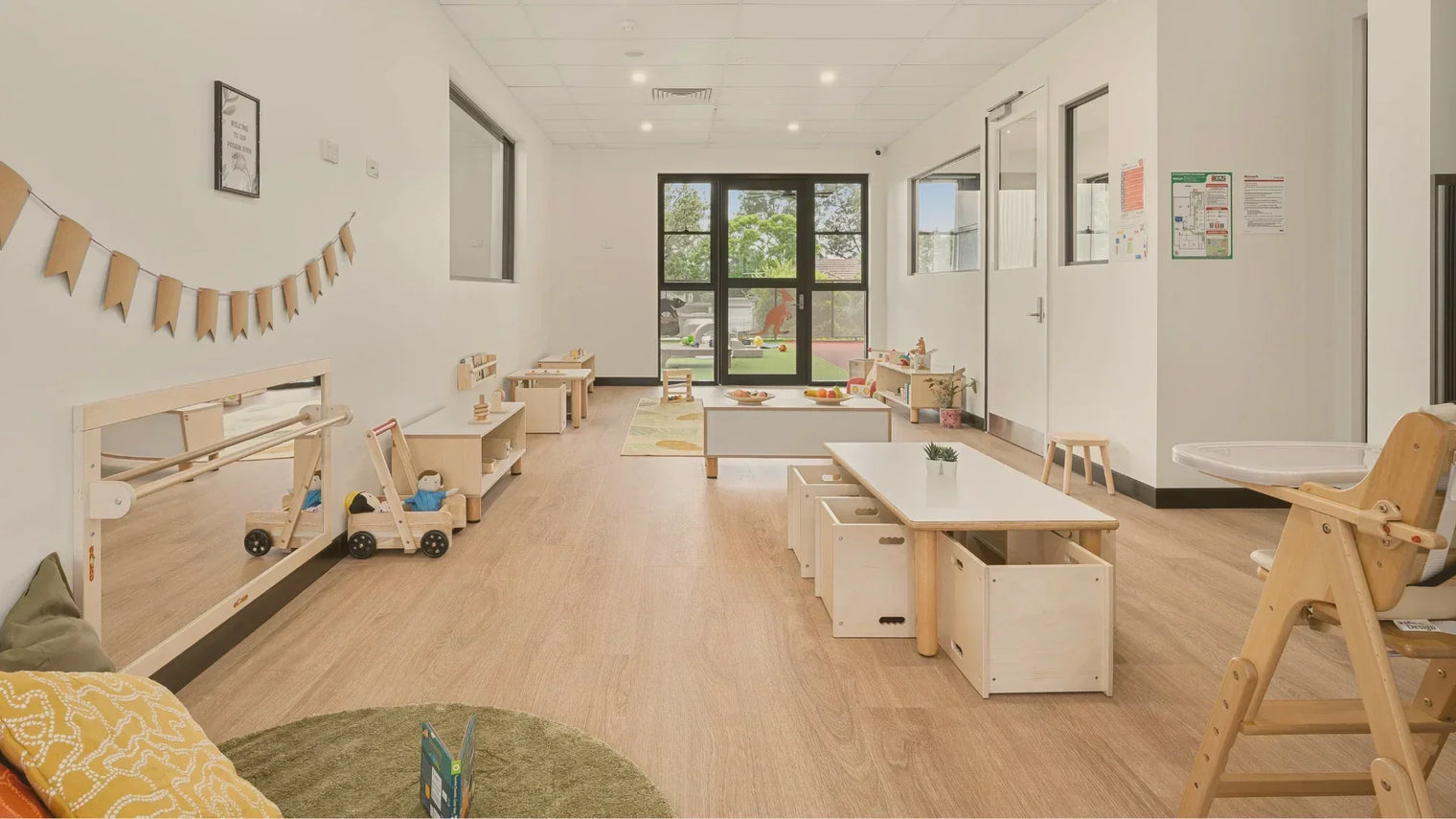 Montessori schools with wooden furniture and natural aesthetic