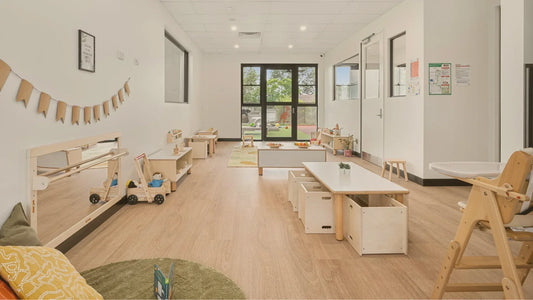 Montessori schools with wooden furniture and natural aesthetic