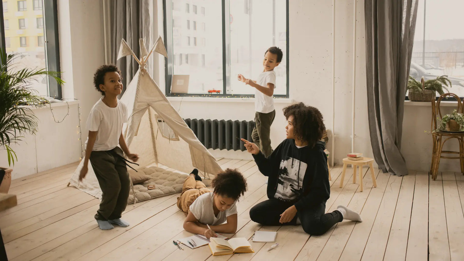 A group of kids spending time together in a clutter-free environment