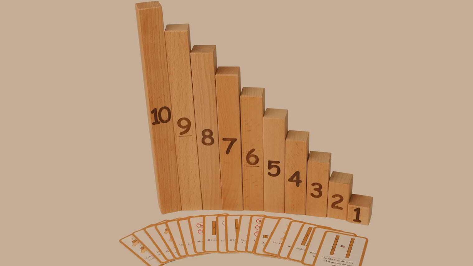 wooden blocks organized 10 to 1 with flashcards out in front