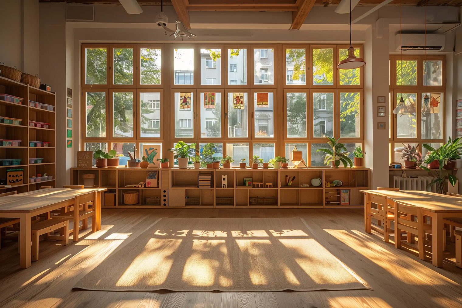 Montessori classroom, calm, with great lighting some wooden furniture but not too busy