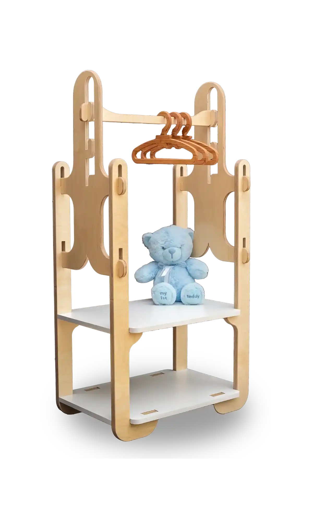 Custom-designed, space-saving wooden toddler clothing rack with hangers and a plush blue teddy bear, crafted by Dannico Woodworks, ideal for stylish nursery organization.