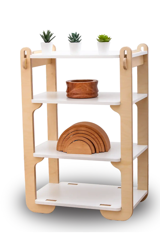 A modern four-tier wooden shelf isolated on a black background, featuring clean lines and a simple, child-friendly design. The top three shelves are adorned with a trio of small, potted succulents, adding a touch of greenery. The middle shelf holds a rustic clay pot, and the lower shelf displays a wooden rainbow toy, with its arches neatly nested together, combining functional storage with playful decoration.