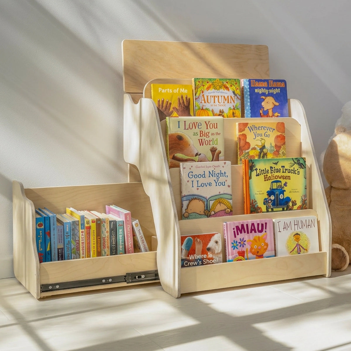 Dannico Montessori bookshelf with front-facing book display and side drawer