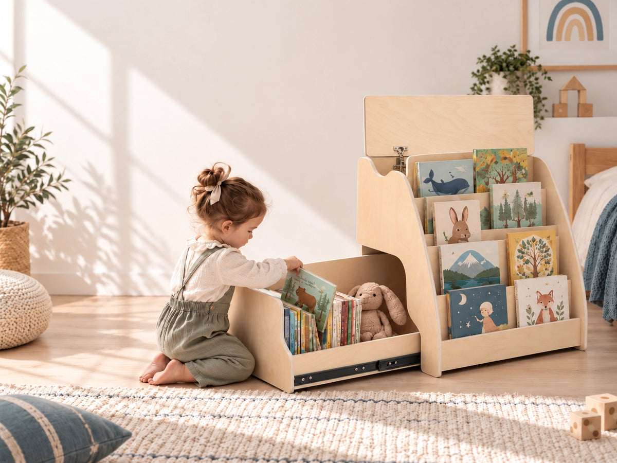 Young child selecting a picture book from a Dannico front-facing Montessori bookshelf in a sunlit room