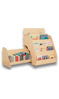 Load image into Gallery viewer, Wooden Montessori Bookshelf with a drawer and a top compartment with many kids books for display
