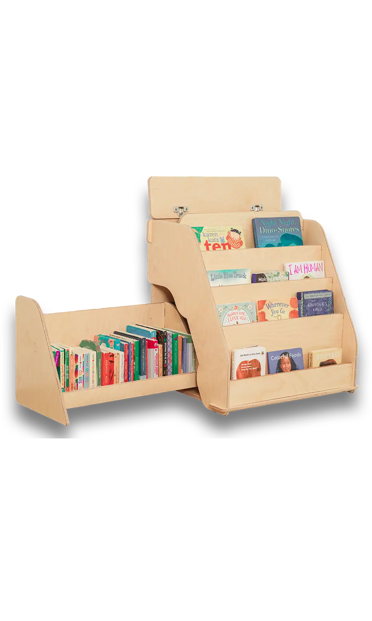 Wooden Montessori Bookshelf with a drawer and a top compartment with many kids books for display