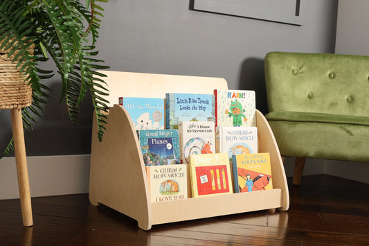 Montessori bookshelf with displayed books
