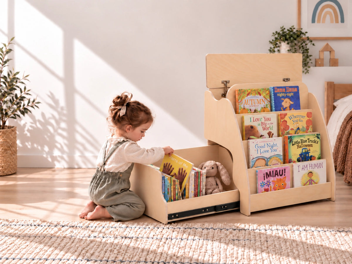 A young child kneels on a woven rug beside a light wood children's book storage organizer, placing books into a pull-out tray and shelf compartments. The room has warm sunlight, plants, and a bed in the background.