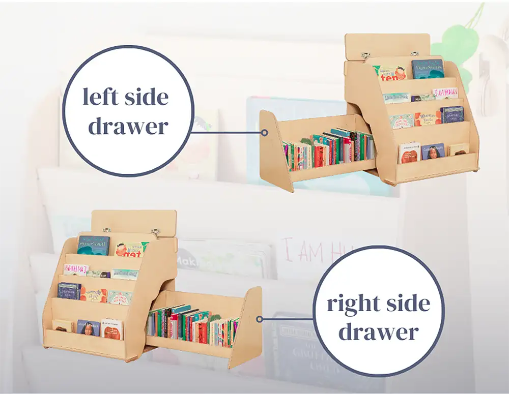 shows left side drawer book case VS right side drawer for this montessori bookshelf