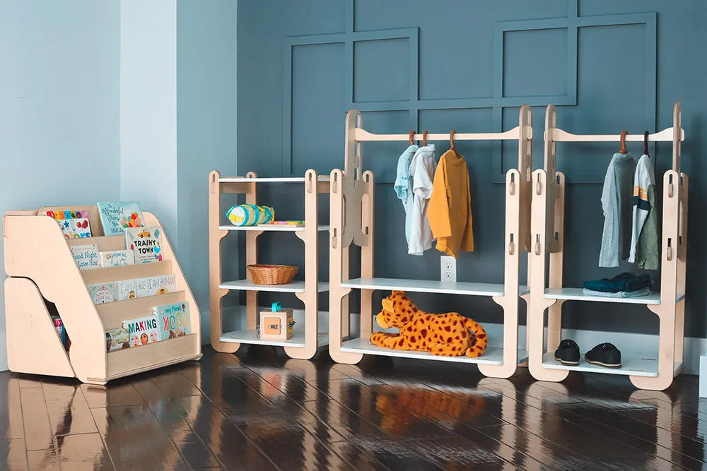 a set of montessori wardrobe, montessori shelf and a montessori bookshelf