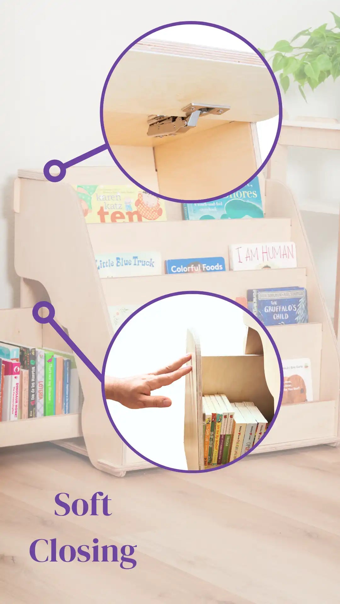 Montessori bookcase with soft closing drawer on the side and soft closing lid at the top