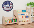 Load image into Gallery viewer, montessori bookshelf with made in america badge
