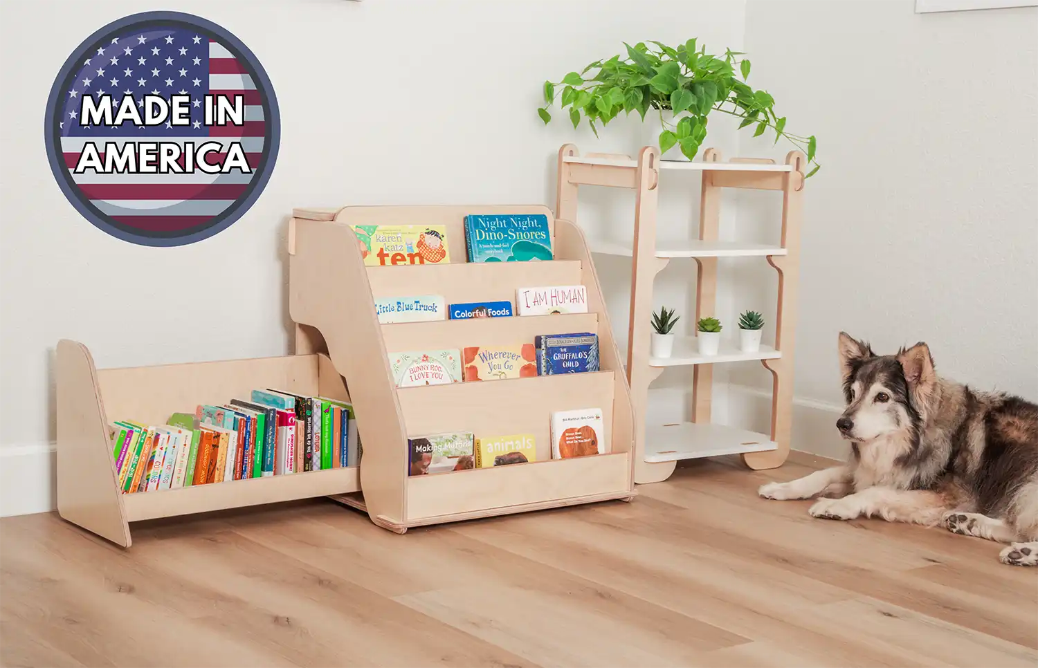 Wooden bookshelf with many books, the sign of made in America and a husky