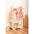 Load image into Gallery viewer, Handmade wooden clothing rack for children's room, with colorful hanging clothes, straw hat, woven basket, plush toy, and boots on display for a cozy nursery decor.
