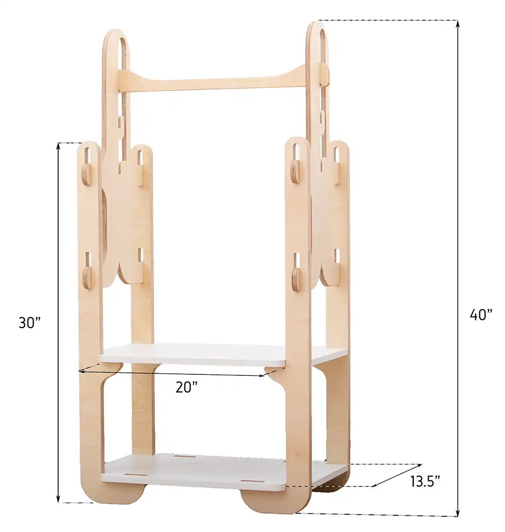 Precision-crafted wooden clothing rack with clear dimension labels of 30 by 40 by 13.5 inches, highlighting the compact and space-efficient design by Dannico Woodworks, perfect for small spaces and children's rooms