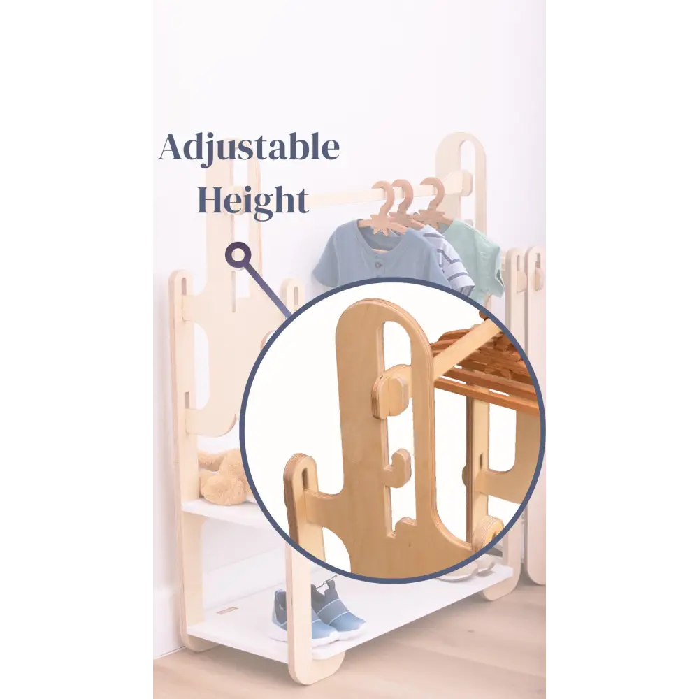 Innovative adjustable-height feature on a custom wooden clothing rack, with a zoomed-in view showcasing the easy-to-use design, perfect for growing children's rooms.