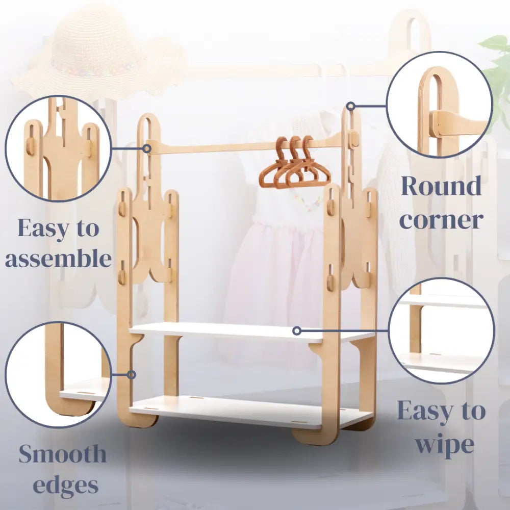 wooden clothes rack with easy-to-assemble pieces, smooth edges, and round corners for child safety, also featuring an easy-to-wipe surface, ideal for maintaining a clean and organized child's bedroom.