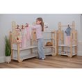 Load image into Gallery viewer, Little girl carefully hanging dresses on a beautifully crafted wooden clothes rack, with a playful stuffed animal on the top shelf and various children's shoes on the bottom, perfect for a tidy and charming child's room
