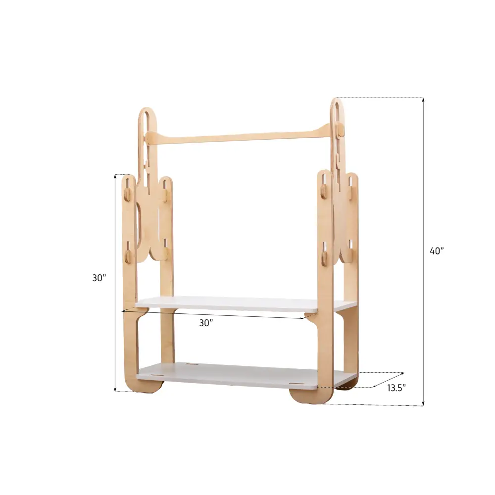 Precision-crafted wooden clothes rack with detailed dimensions, featuring a 40-inch height and 30-inch width, designed by Dannico Woodworks to fit perfectly in children's rooms or nurseries, with a sturdy 13.5-inch base for stability.