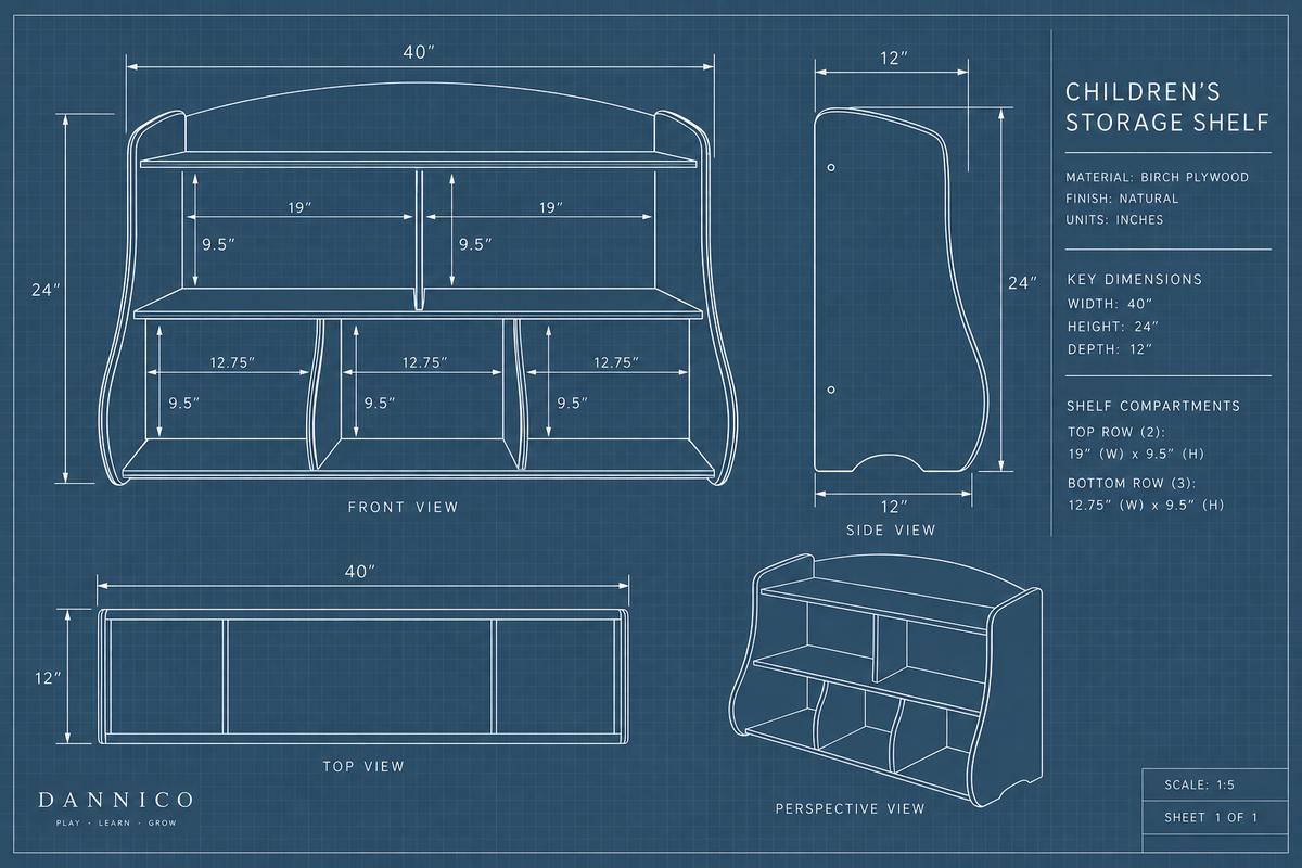 Blueprint drawing of Montessori toy shelf with dimensions and front, side, top views
