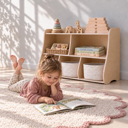 Young girl reading a book beside Montessori toy shelf with white storage bins in playroom