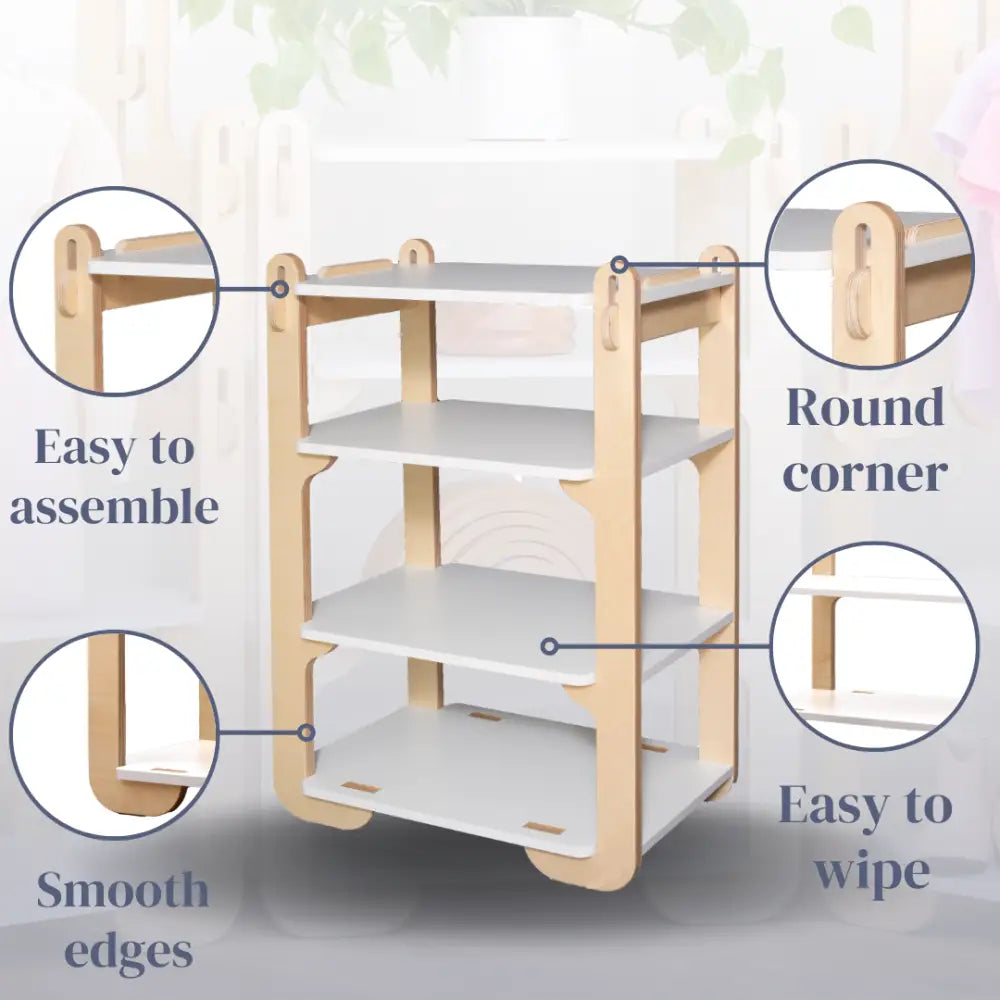 Alt text: "An advertisement image highlighting the features of a stylish wooden children's shelf with white accents. The image showcases close-ups of the shelf's attributes: 'Easy to assemble' points to the simple joint structure, 'Round corner' highlights the child-safe design, 'Smooth edges' emphasizes the sleek finish, and 'Easy to wipe' indicates the shelf's low-maintenance surface. The overall design focuses on functionality, safety, and cleanliness, ideal for a child-friendly environment.