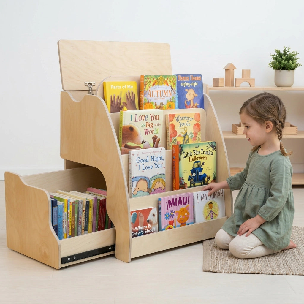 a girl next to the book case