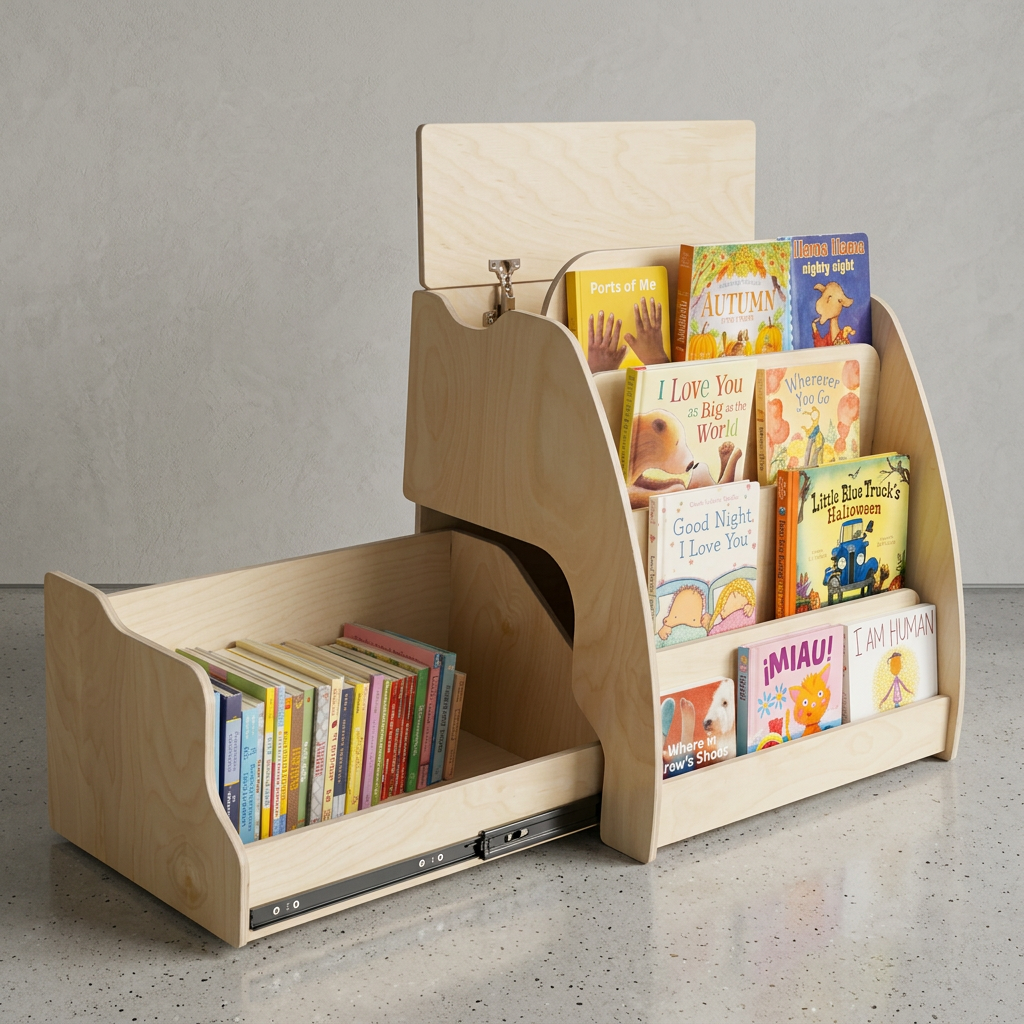 Front-facing wooden Montessori bookshelf displaying children's book covers with open storage drawer